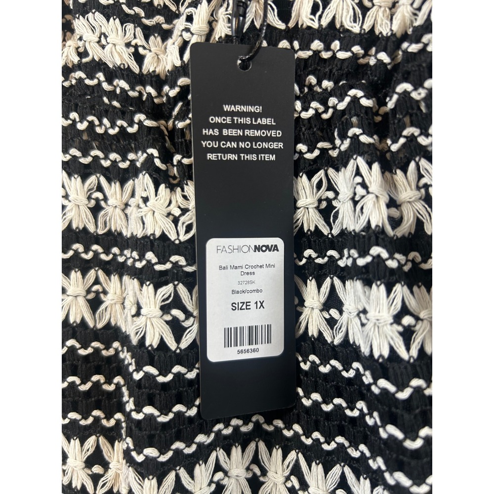 Fashion Nova‎ Bali Mami Crochet Mini Dress Black Cream Fringe 1X New With Tags - Picture 3 of 7